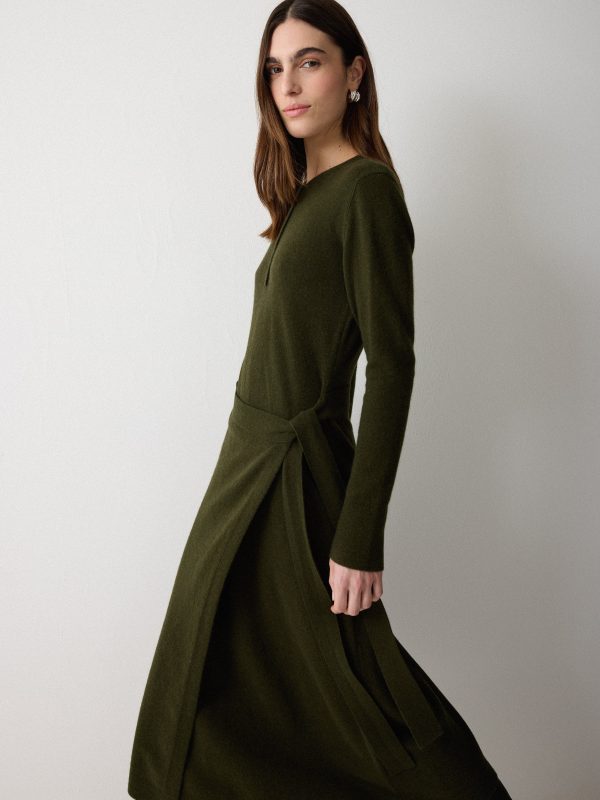 Merino Cashmere Tie Dress | Khaki