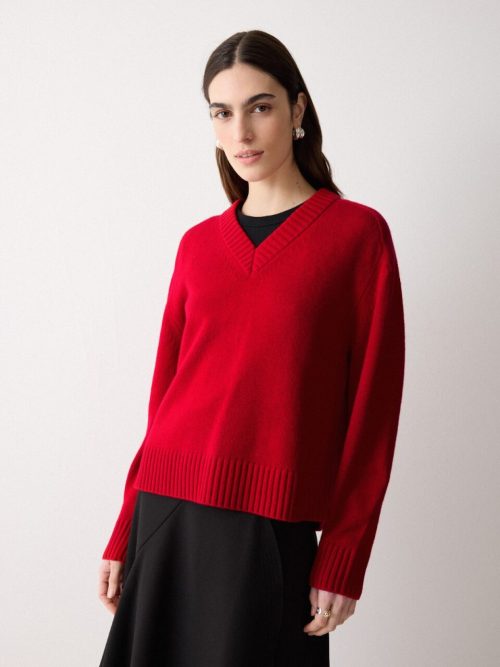 Wool Cashmere Blend V Neck Jumper | Red